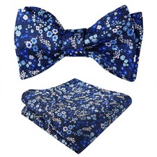 Mens 2pcs Classic Floral Pattern Self-tied Bow Tie and Handkerchief Set, Navy...