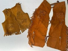 Vintage 70s Kids Leather Suede Chaps Vest Cowboy Western Costume Rodeo Fringe