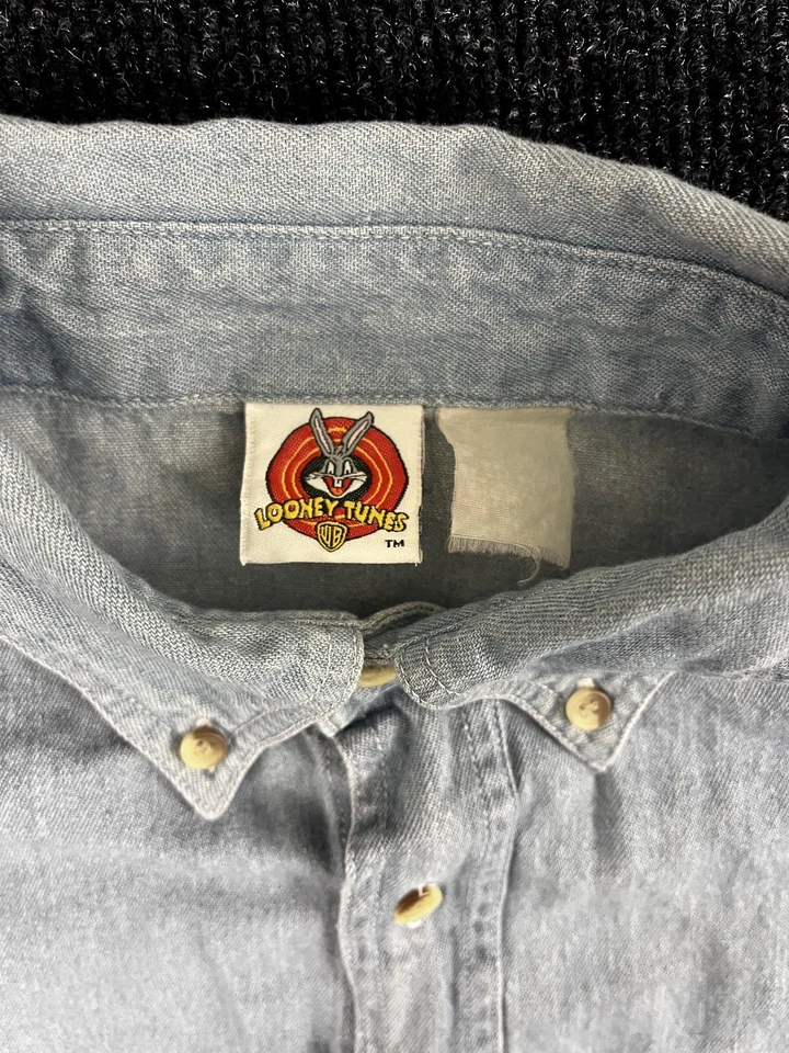 Camisa De Colección Looney Tunes Piolín Para Hombres Grande Gris Abotonada Denim Dibujos Animados Años 90 Foto 3 de 4