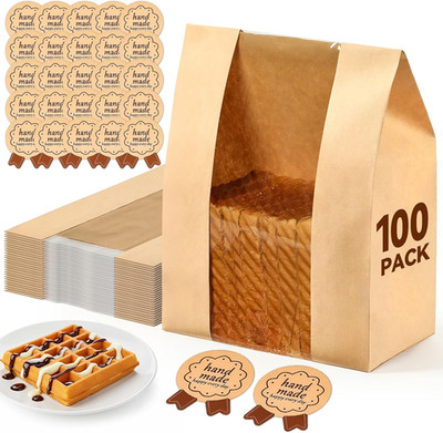 100 Pack Paper Bread Bags for Homemade, Bread Bags with Window for Sourdough Bre