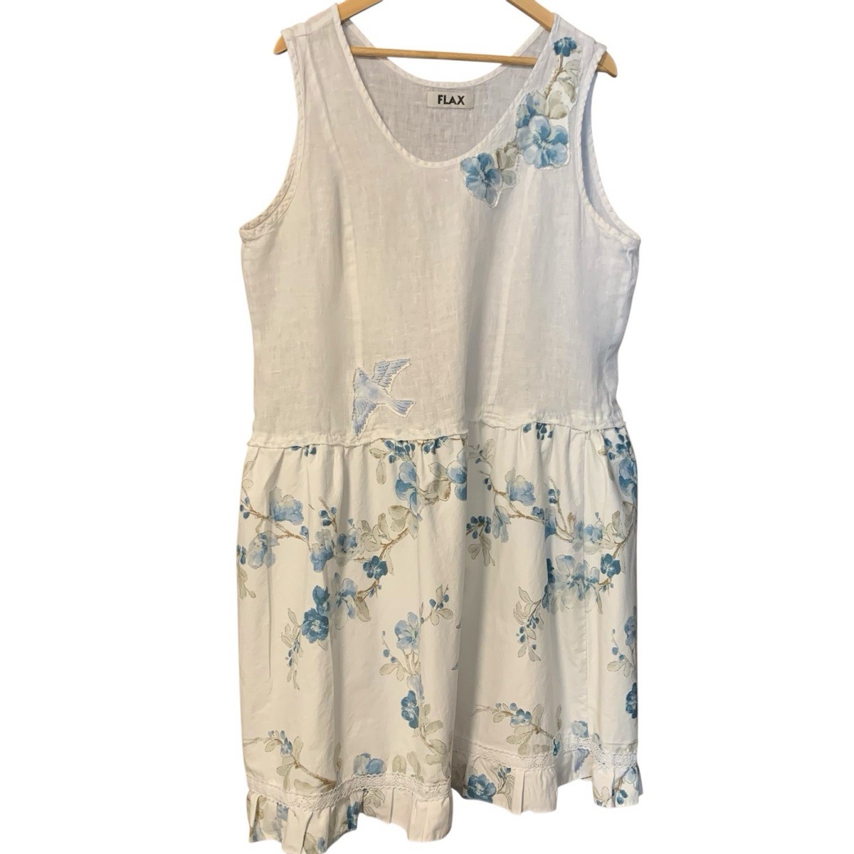 Upcycled Lagenlook Dress XL Sleeveless Bird Appliqu Patchwork Flax Linen  White
