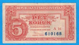 A5 - Czechoslovakia 5 Kr. 1949 Extremely Fine Banknote P.68 - SN: A16-610168