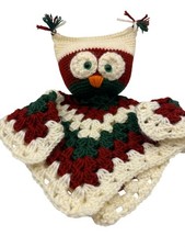 Vintage Handmade Crochet Owl Cream Red Green Retro Boho Cottagecore Decor