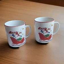 2 Vintage Coffee Cups Christmas Goose in Sleigh Mugs Set Japan