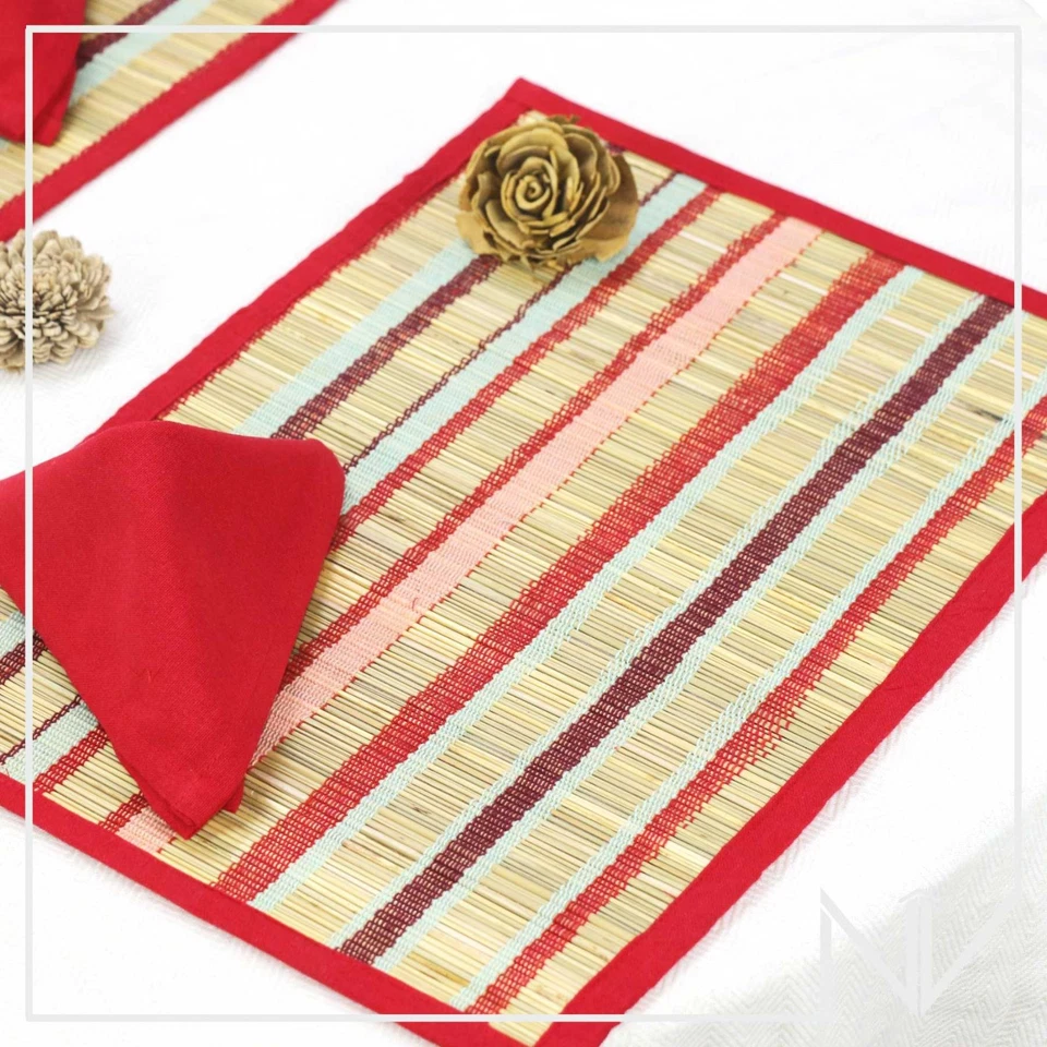 Outdoor Holiday Dining Bamboo Red Brown Stripes Placemats Kitchen Decor Set of 6 - Image 2 of 4