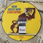 VINTAGE 1963 ESSO EXTRA TIGER GASOLINE OIL SEEVICE 12 INCH PORCELAIN ENAMEL SIGN
