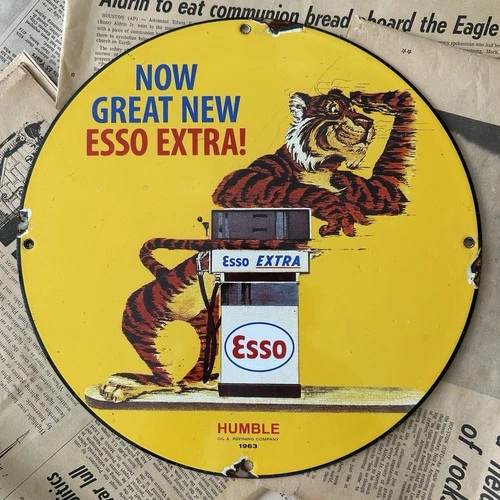 VINTAGE 1963 ESSO EXTRA TIGER GASOLINE OIL SEEVICE 12 INCH PORCELAIN ENAMEL SIGN