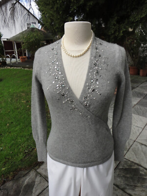 Joe Taft 100% Kaschmir Cashmere V- Pullover mit Pailletten hellgrau 34 36 XS S