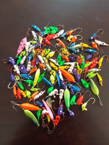 115+ ICE AND PANFISH JIGS.ASSORTED STYLES & COLORS.MUSTAD RED & BRONZE HOOKS
