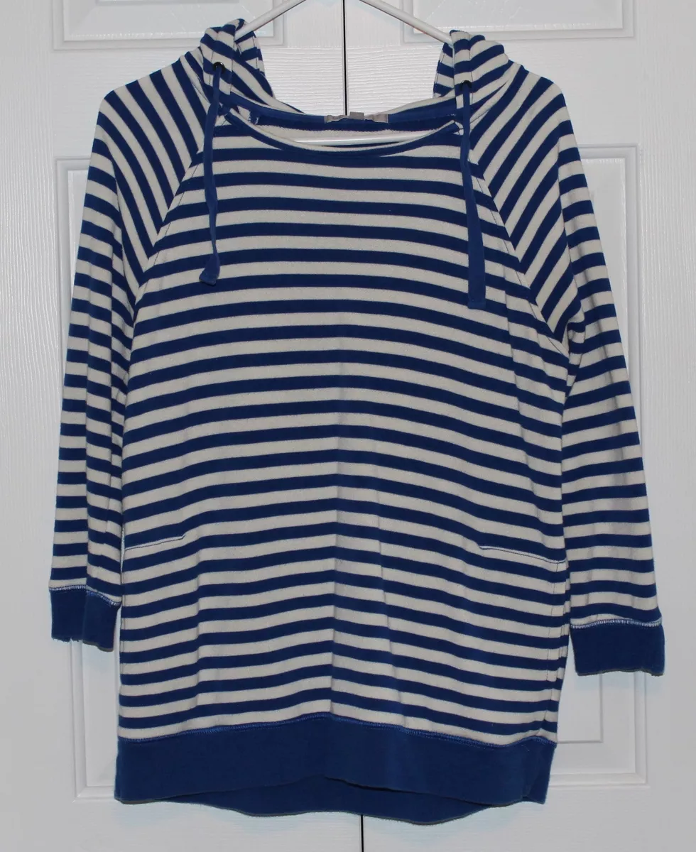 Women s GAP Blue White Striped Hoodie Size Medium 3 4 Length Sleeves Pockets