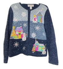 Tiara International Sweater Christmas Cardigan L Blue Snowman Full Zip