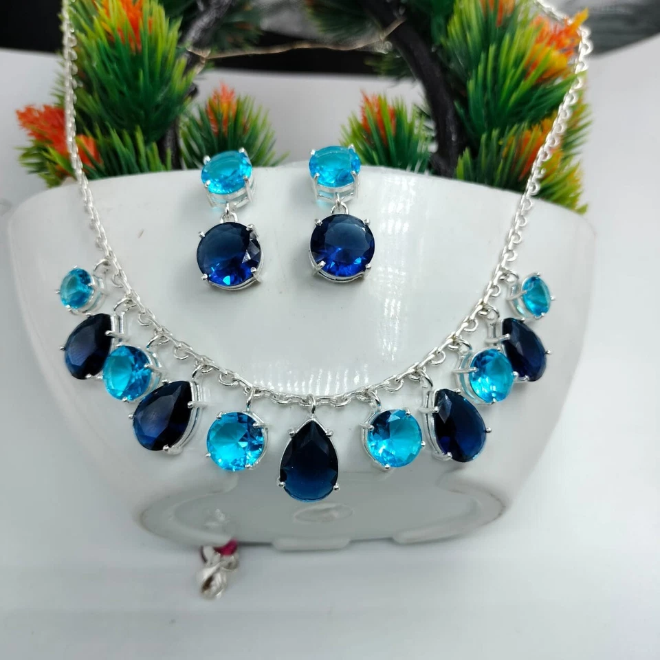Blue Sapphire Topaz Gemstone Silver Plated Earrings Necklace Jewelry Set - Image 2 of 3