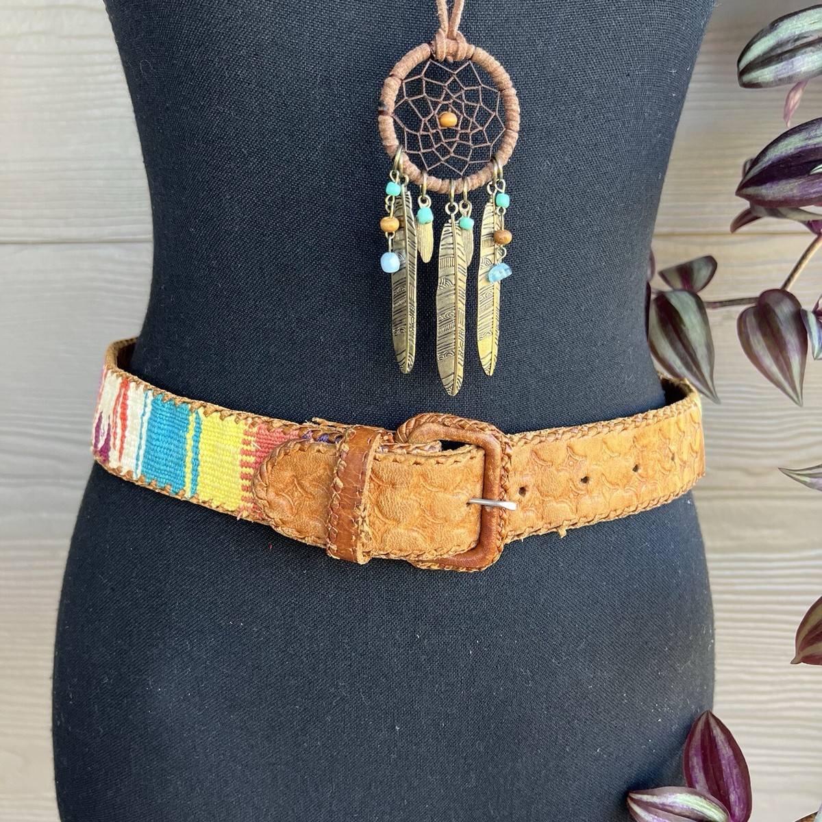 Vintage Southwestern Aztec Mexico Serape Woven Leather 