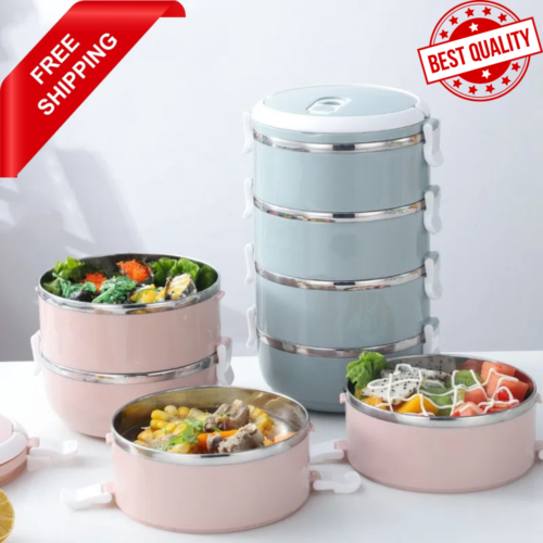 2 Tier Stainless Steel Insulated Lunch Box Container Thermos Soup and Hot Food - Picture 1 of 18