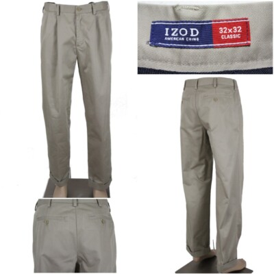 IZOD American Chino Men's 32 x 32 Khaki Pleated Cuffed Classic