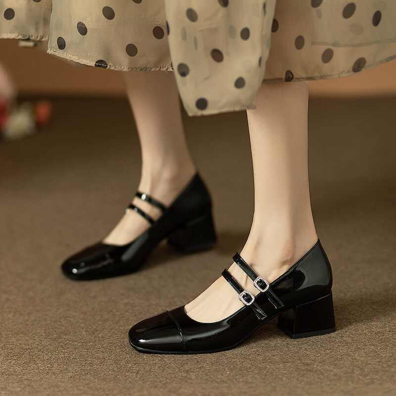 Women Mid Block Heel Double Buckle Patent Leather Pump Shoes