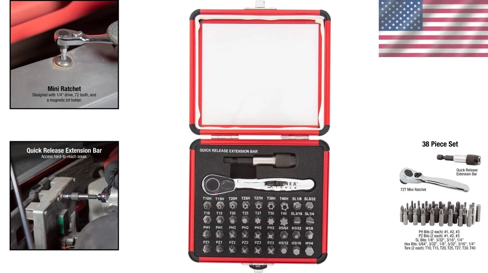 Lightweight Sunex Mini Ratchet Tool Set with 36 S2 Steel Bits - Aluminum Case - Image 2 of 4