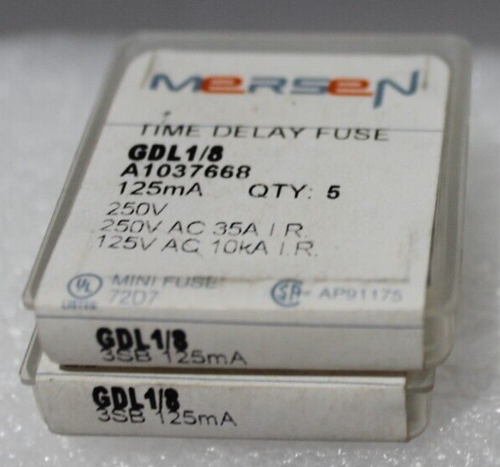 NIB/NOS -MERSEN - GDL1/8 Mini Fuses 125mA , 250V - 2 boxes of 5 fuses each - Picture 2 of 3