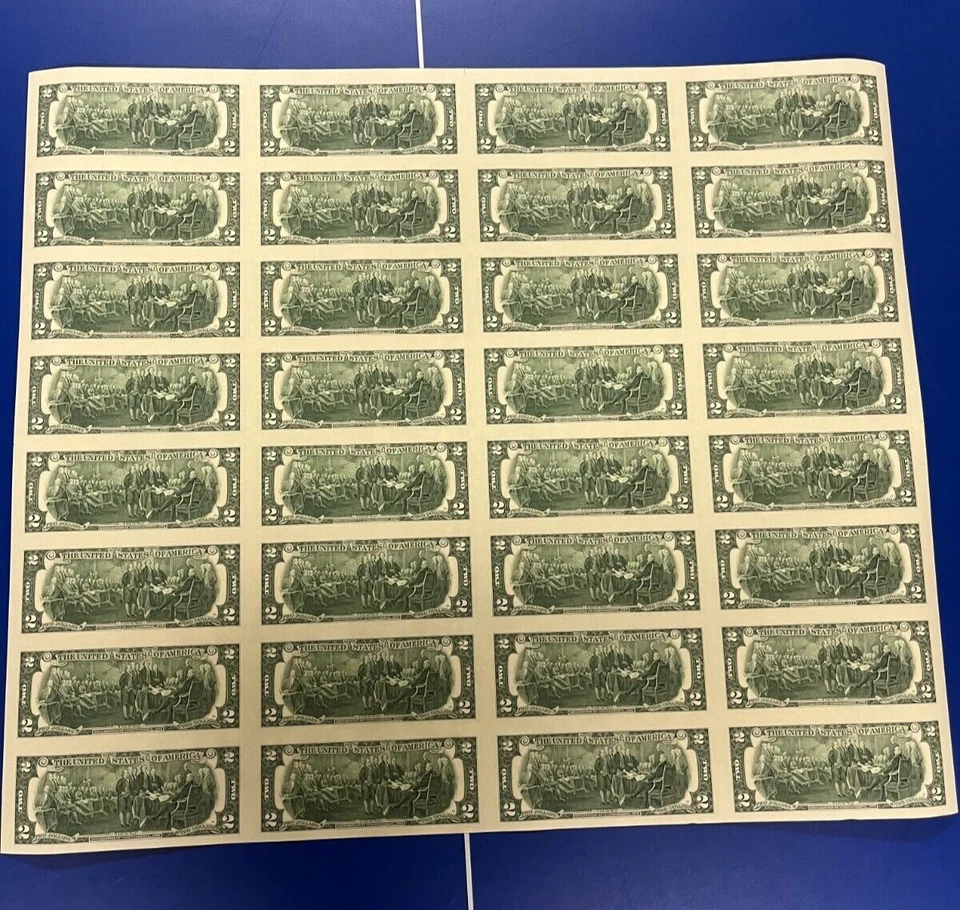 $2 Two Dollar Bills Uncut Currency Sheet of 32 Notes 2013 Dallas Texas - $64 - Image 2 of 2