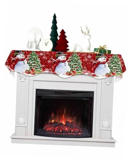 Christmas Fireplace Mantel Scarf Cover, Snowflake Snowman 70'' L x 17'' W Red