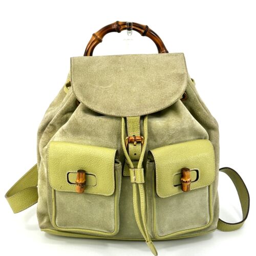 GUCCI Rucksack Tasche Bambus Wildleder Leder Grün Auth