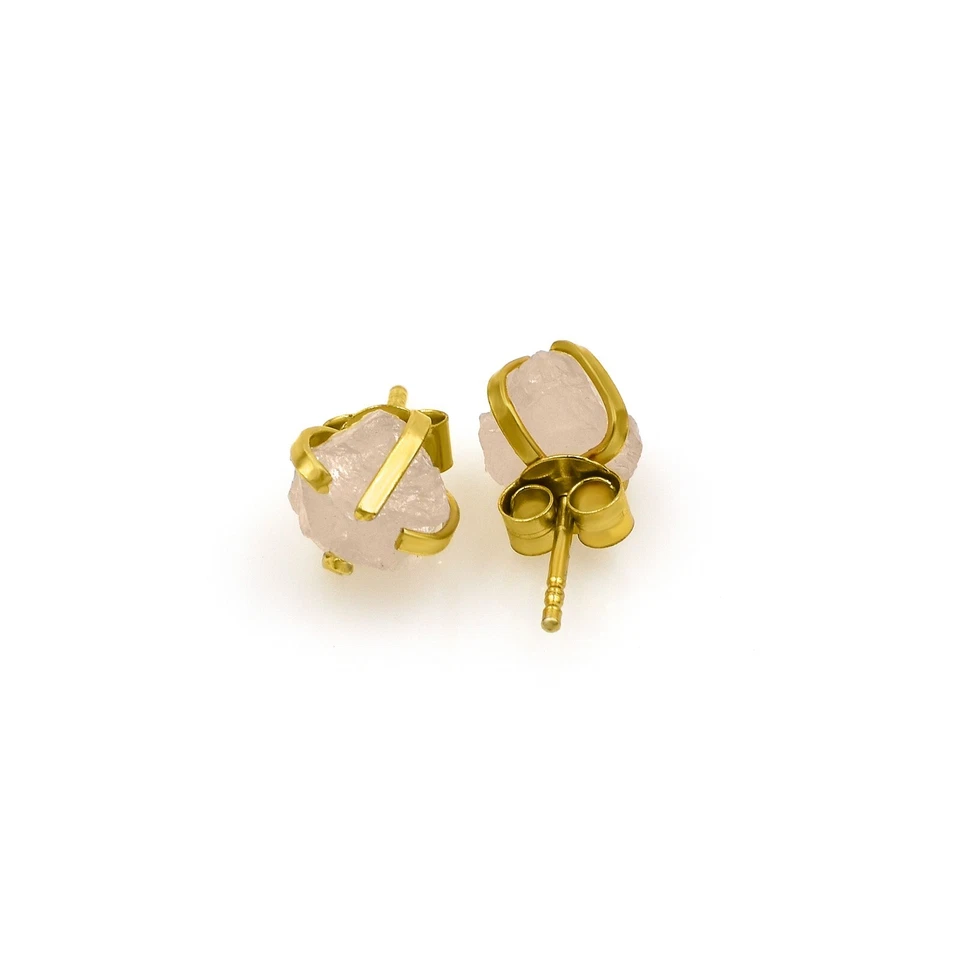 Natural Raw Rose Quartz Gemstone Studs Handmade 18K Gold Plated Brass Earrings - Image 4 of 4