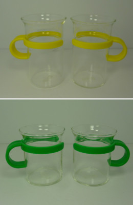 4 BODUM Glass Coffee Espresso Teacups Yellow Green Handle Mugs Picard Star Trek