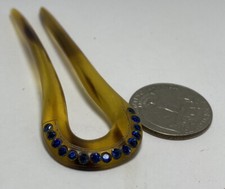 Vintage Blue Crystal Rhinestones Faux Tortoiseshell Hair Chignon Clip Barrette