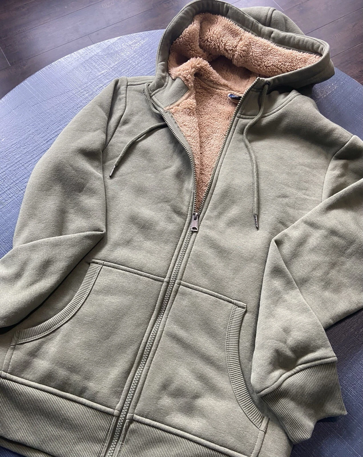 George Men's S (34-36) Green Sherpa-Lined Zip-Up Hoodie Warm Cozy Fleece Jacke