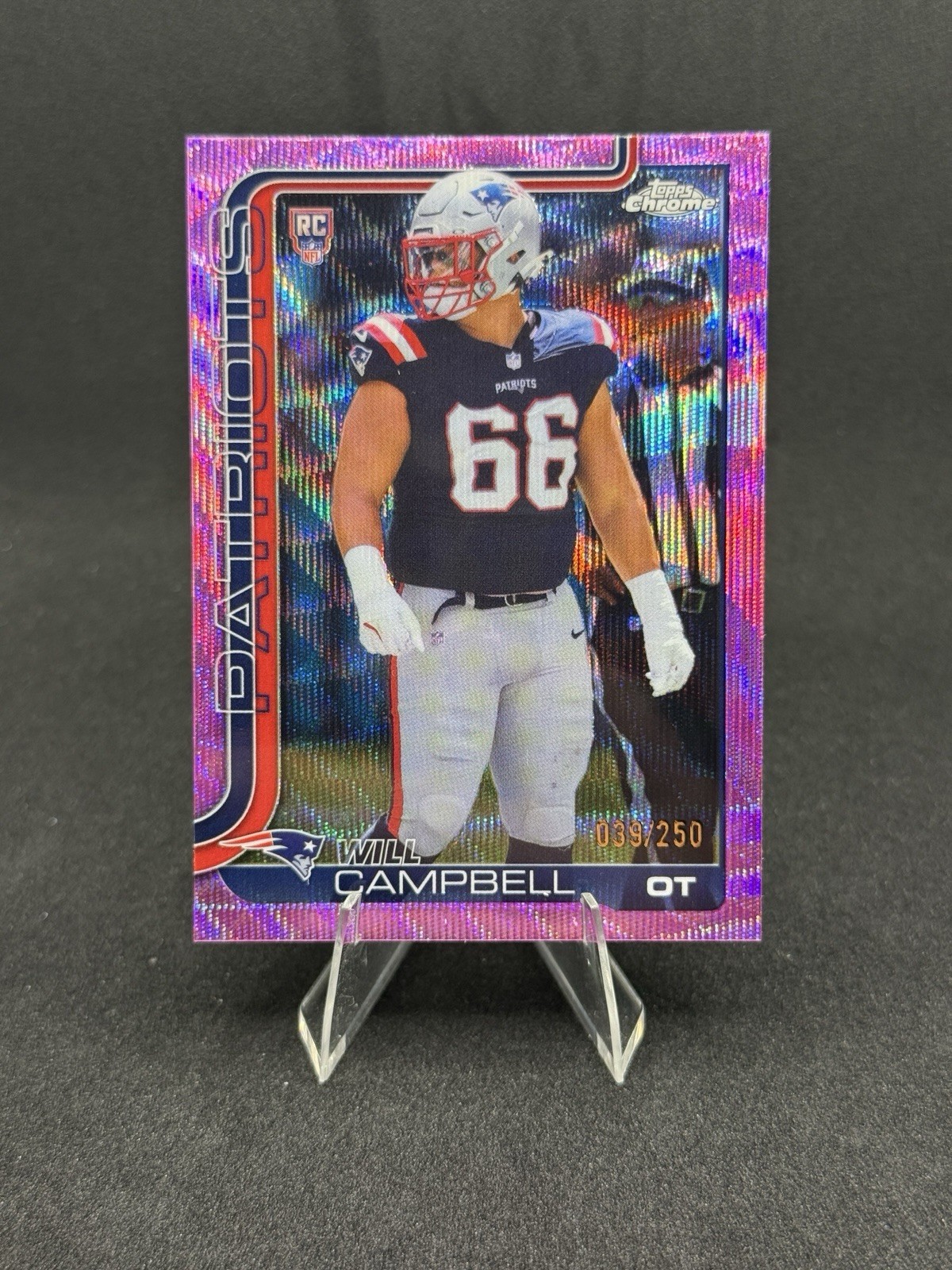 2025 Topps Chrome Football Will Campbell Pink Wave Refractor RC /250 Patriots