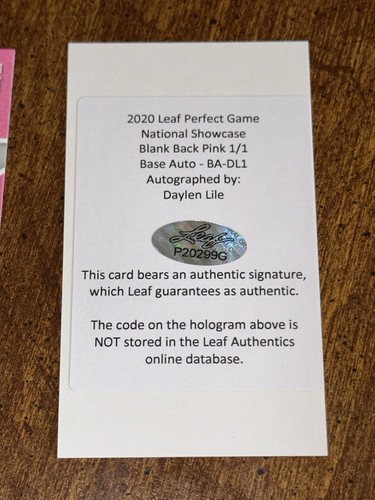 DAYLEN LILE 2020 LEAF PERFECT GAME PINK BLANK BACK AUTOGRAPH #1/1 NATIONALS - Picture 2 of 3