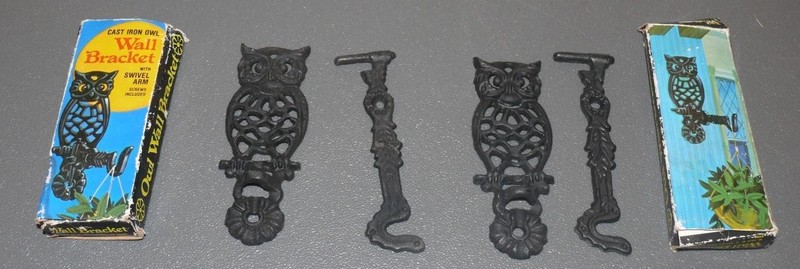 2 Vtg Cast Iron 5" Black Owl Wall Swivel Arm Bracket Hanging Hook Plant Hangers