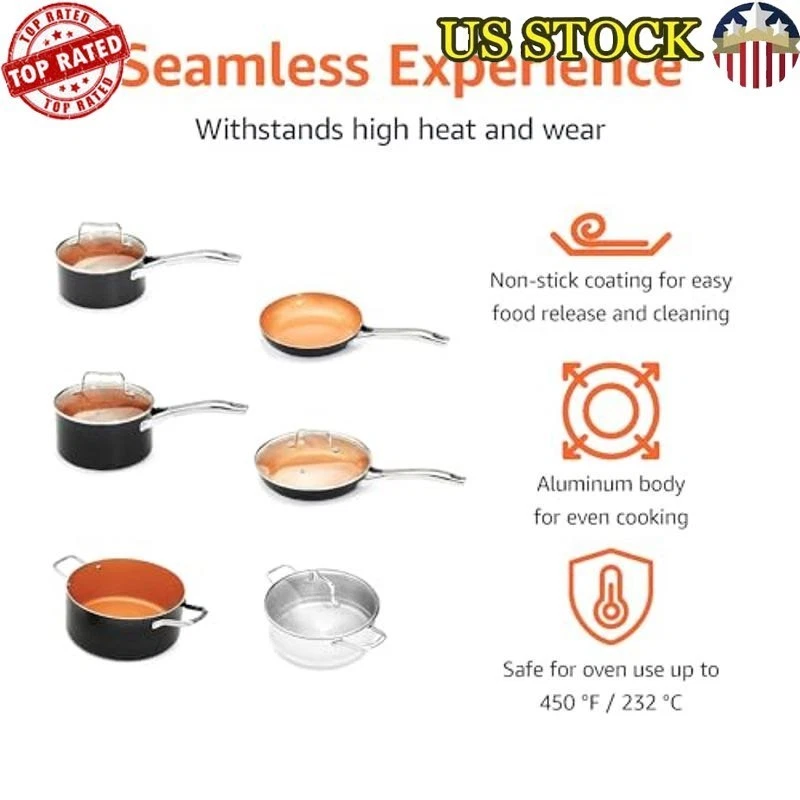 Copper Ceramic Cookware Set 10-Piece Frying Pan & Saucepan Induction Ready New