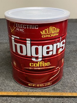 Vintage Folgers Red Metal Coffee Can Tin Electric Perk 48 ozs Mountain Grown