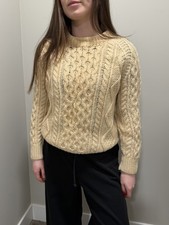 Vintage Irish Aran Cable Knit Wool Sweater Cream Made in Ireland Handknit