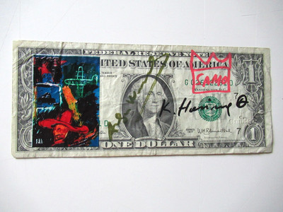 C) A. WARHOL/K. HARING/J. M.BASQUIAT: 1$ BANKNOTE 3x SIGNIERT, POSTST. 20.01.87