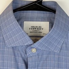 Charles Tyrwhitt Men Dress Shirt 16/35 Extra Slim Fit Non-Iron Cotton Blue Plaid