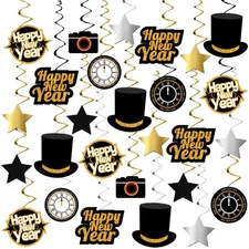 , Happy New Year Hanging Swirls - Pack of 30 | Black and Gold New Years Eve P...