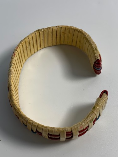 Antique Vtg 1930's Quillwork Bracelet Golden Tan, Red, Blue Rawhide? Leather?? - Picture 5 of 8