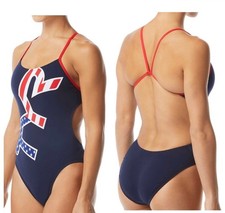 TYR Durafast Women's Logo Cutoutfit Red/white/blue One Piece Swimsuit SZ 36 New