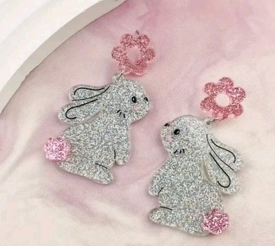 Festive Easter Bunny Acrylic Earrings Glittery Silver& Pink Lightweight  Dangle,