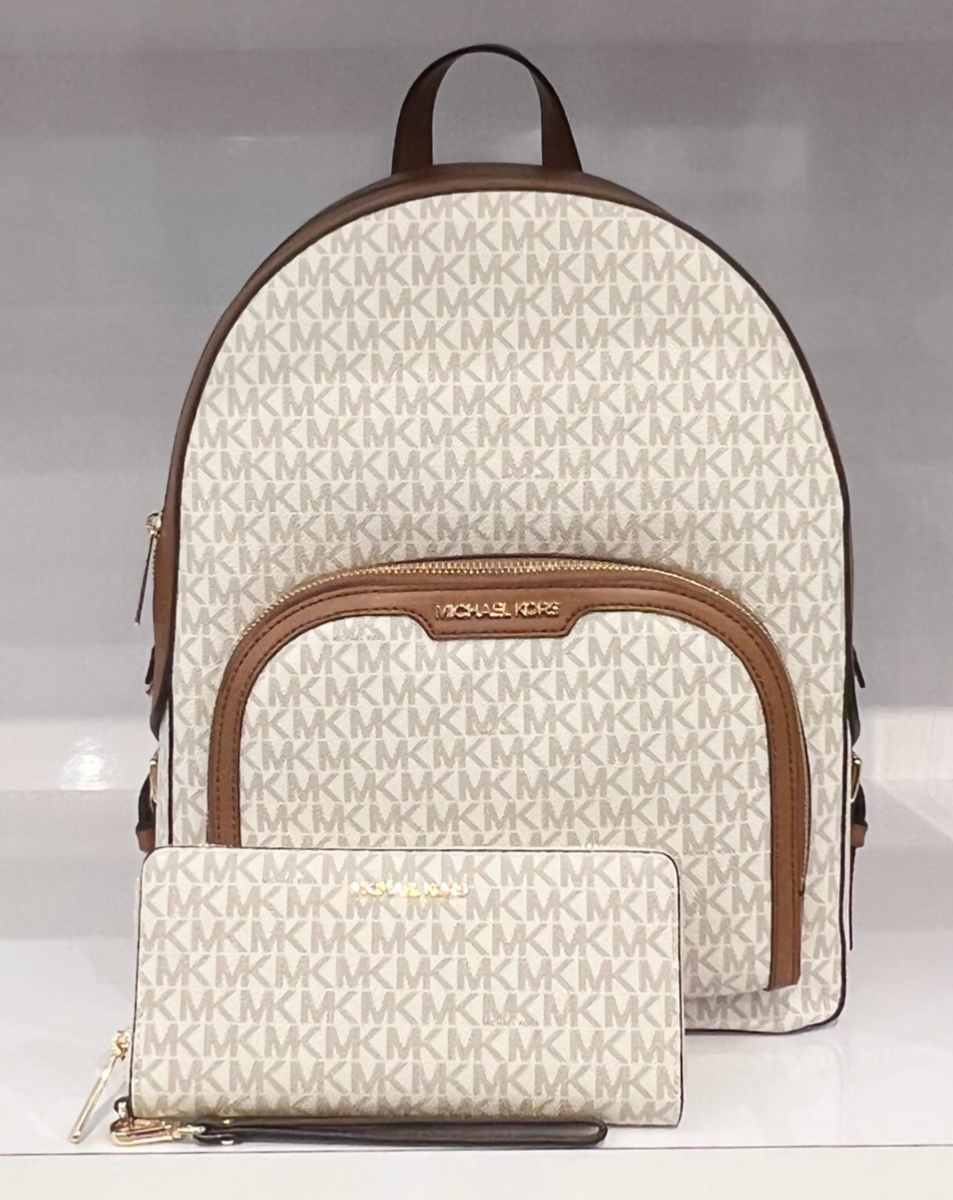 Michael Kors Backpack with Tan Leather Trim and Dust Bag New Michael Kors Jaycee Large Logo Backpack Brown with Dust  main image 2