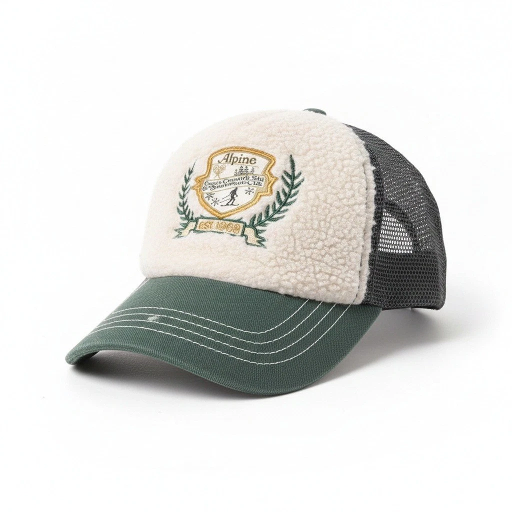 Anthropologie Alpine Ski Snowshoe Club Trucker Hat Sherpa Fleece Mesh Cap Green
