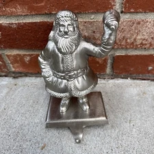 Santa Silvertone Christmas Stocking Holder Mantel