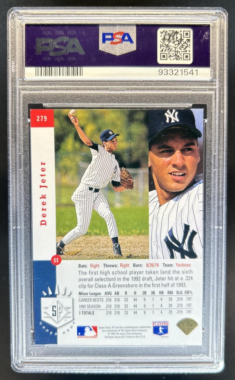 1993 SP Derek Jeter Rookie RC #279 New York Yankees PSA 7 view 2