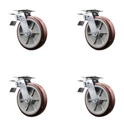 8 Inch Polyurethane Caster Set with Ball Bearings and Total Lock Brakes SCC
