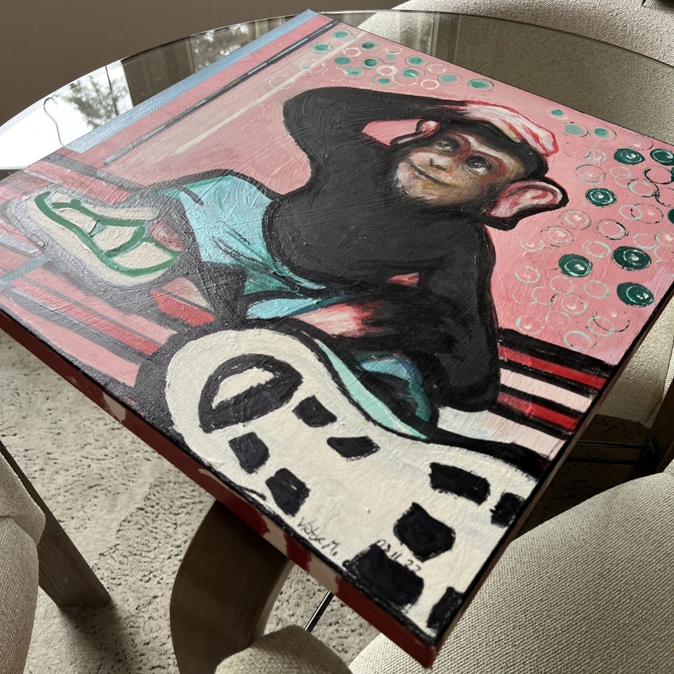 Pop Surrealism Original Acrylic Painting Monkey in Sneakers by Victor M • 20x20 - Image 2 of 4