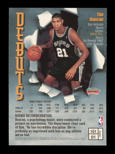 1997-98 Topps Finest Debuts: #101 Tim Duncan Debuts W/Coating RC NM-MT OR BETTER - Picture 2 of 2