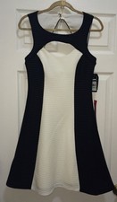GUESS Liz S/L Round Neck Peek A Boo Cutout A-Line Black White Dress NEW Womens 8