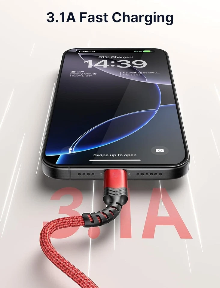 USB C Cable 2-Pack 6.6ft USB A to C Fast Charging for iPhone Samsung Red - Image 3 of 4